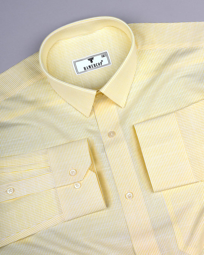 Trebzon Yellow With White Stripe Linen Cotton Formal Shirt