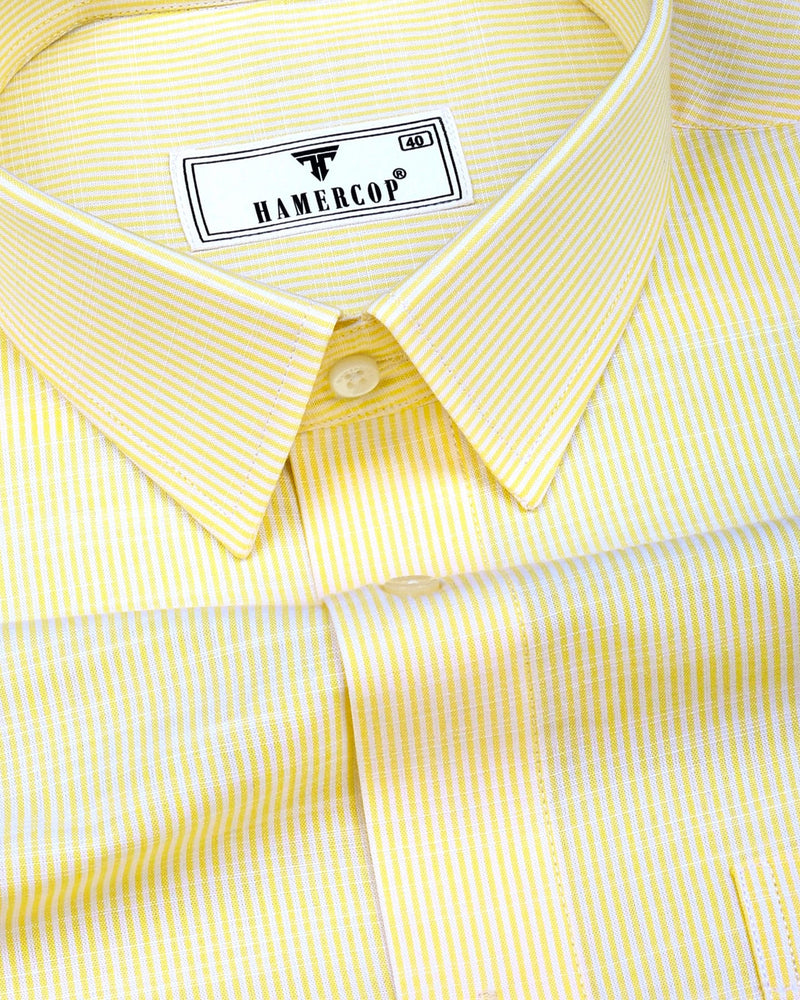 Trebzon Yellow With White Stripe Linen Cotton Formal Shirt