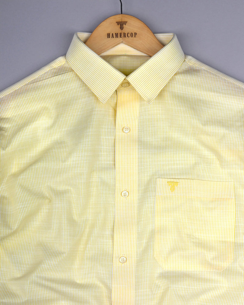 Trebzon Yellow With White Stripe Linen Cotton Formal Shirt