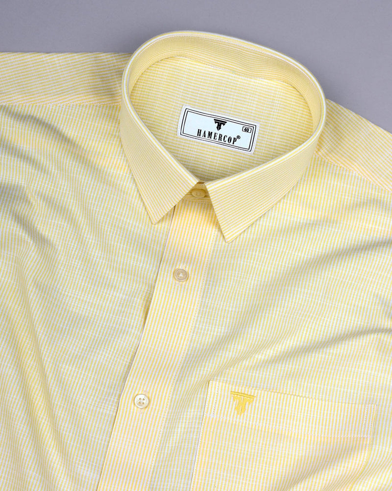 Trebzon Yellow With White Stripe Linen Cotton Formal Shirt