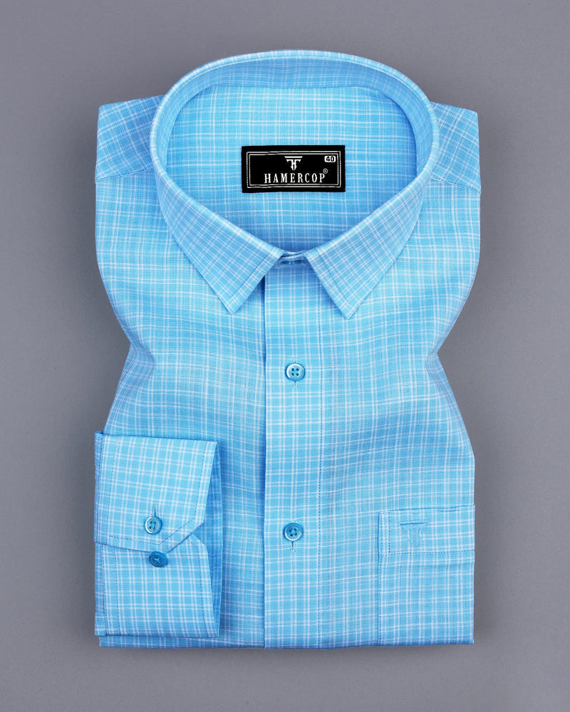 Modest SkyBlue With White Check Linen Cotton Shirt