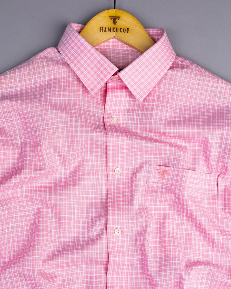 Modest Pink With White Check Linen Cotton Shirt