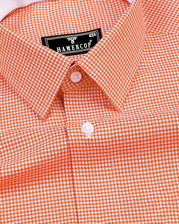 Lucifer Orange With White Small Check Oxford Cotton Designer Shirt