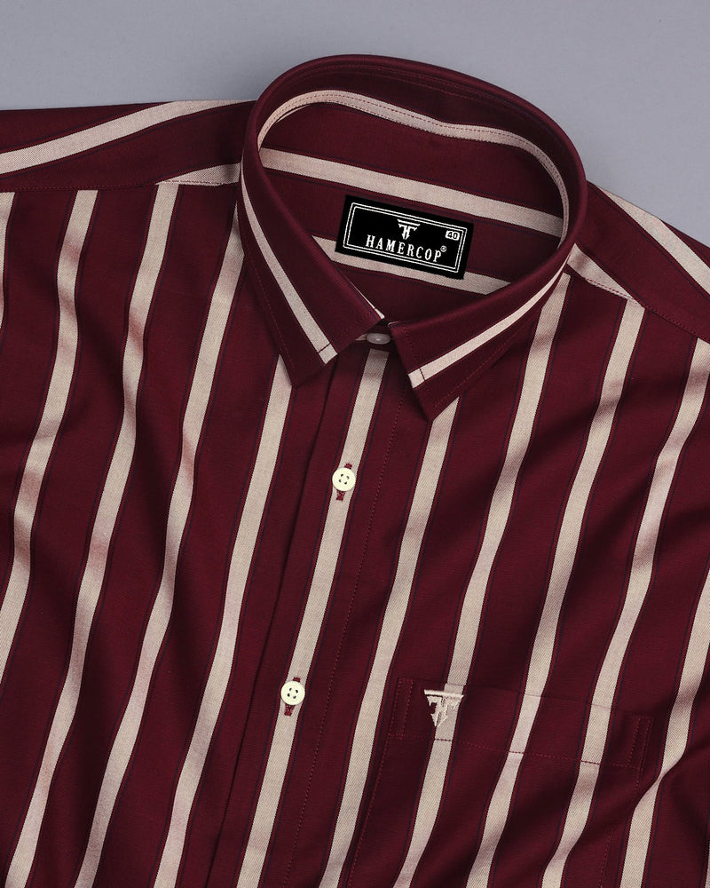 Beet Maroon With Cream Twill Stripe Cotton Shirt