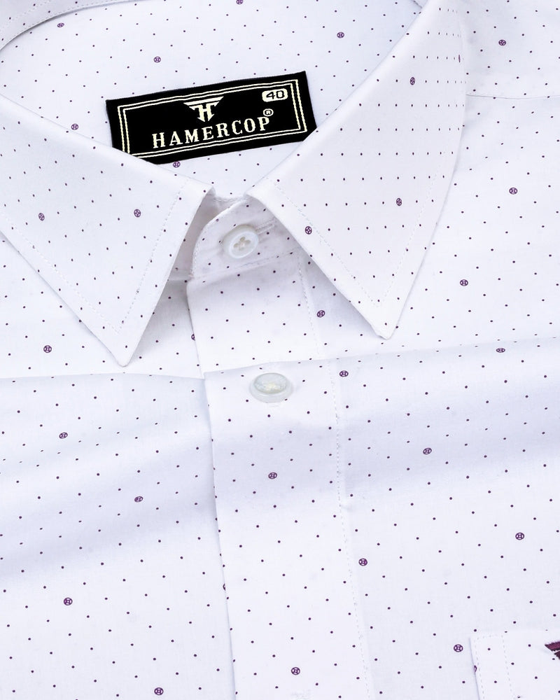 Sentosa White With Purple Dot Printed Satin Cotton Shirt