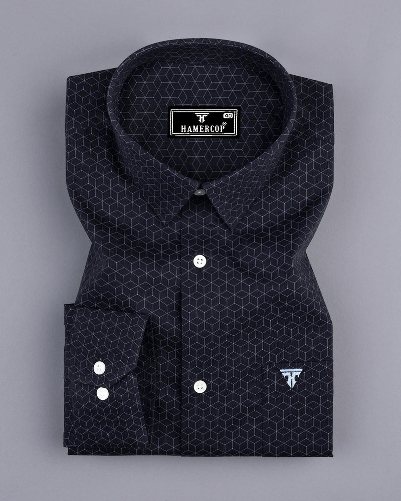 Basalt Black With SkyBlue Geometrical Printed Cotton Shirt