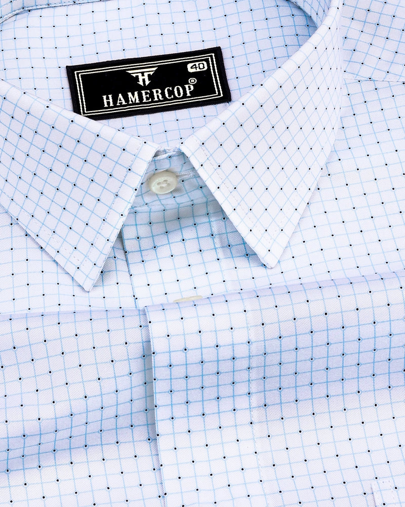 Rezina White With SkyBlue Check Twill Printed Cotton Shirt