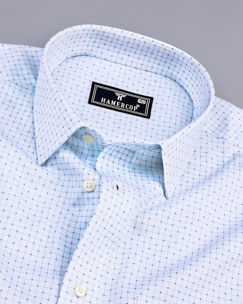 Rezina White With SkyBlue Check Twill Printed Cotton Shirt