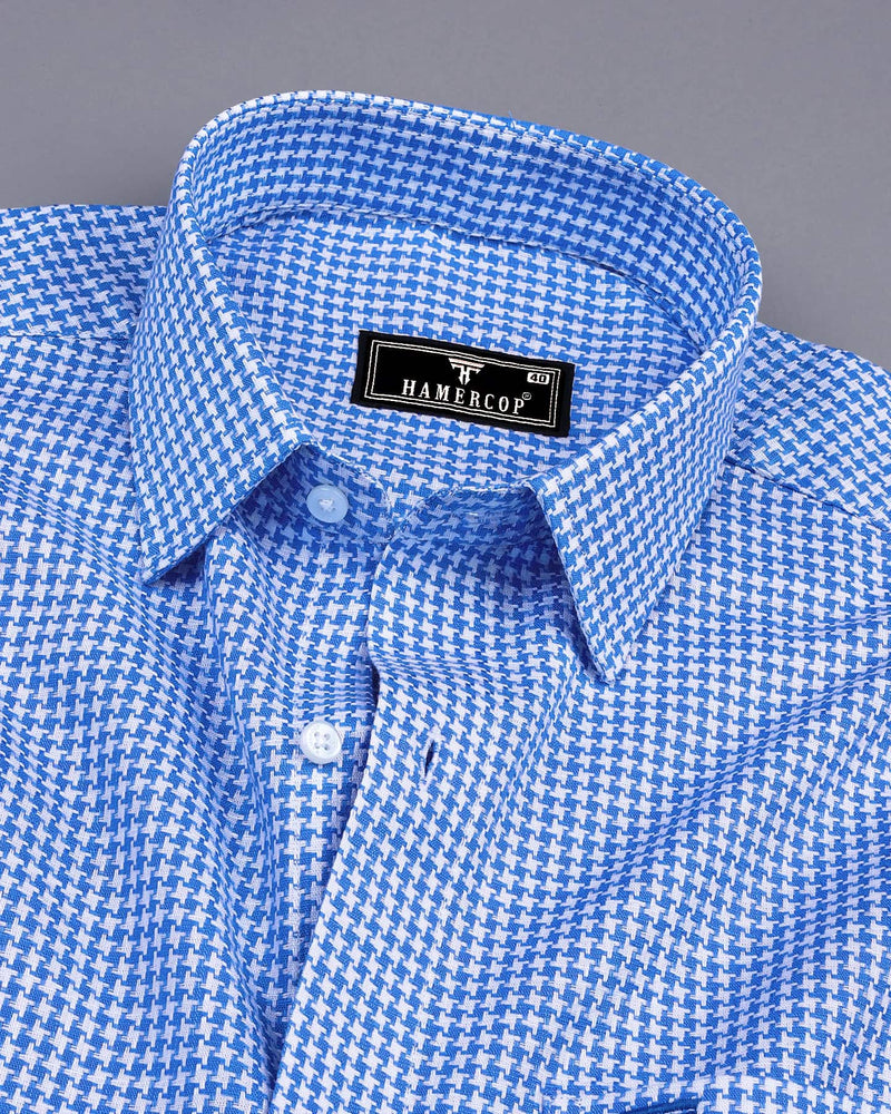 Canary Blue Houndstooth Amsler Dobby Cotton Shirt