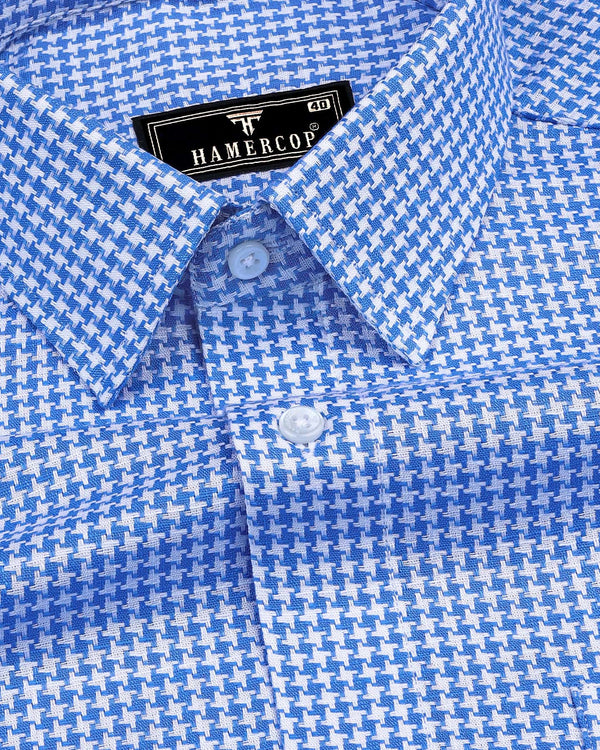 Canary Blue Houndstooth Amsler Dobby Cotton Shirt