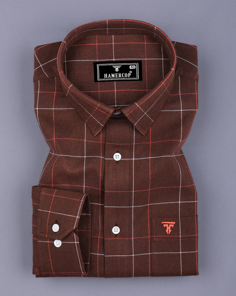 Chocolate Brown Plaid Flannel Twill Check Cotton Shirt