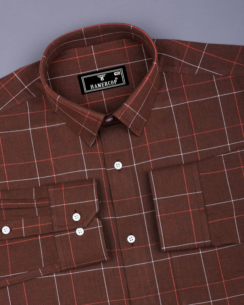 Chocolate Brown Plaid Flannel Twill Check Cotton Shirt