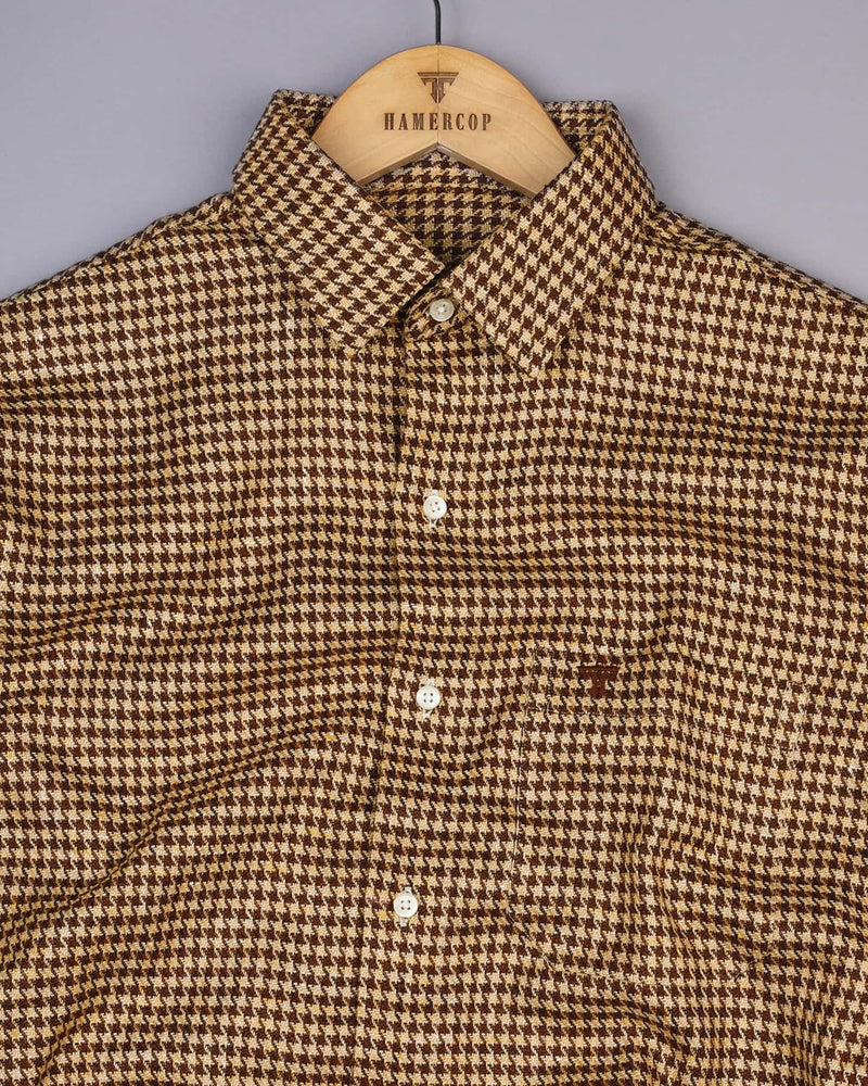 Ginger Brown With Cream Houndstooth Heavy Linen Shirt