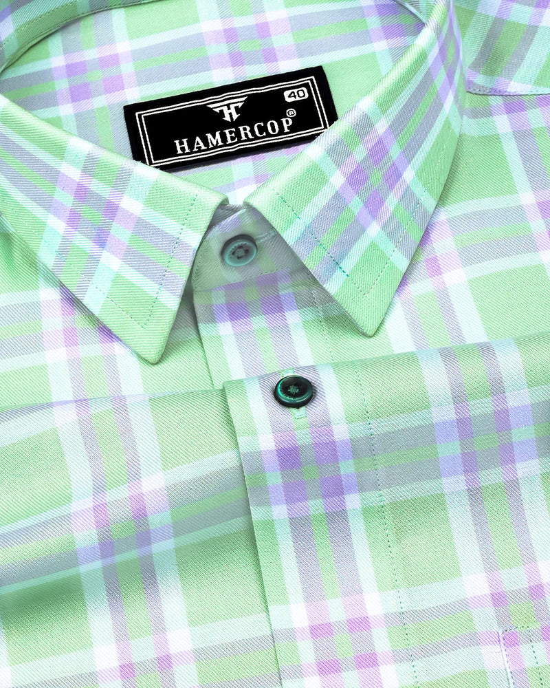 Pistachio Green With Purple Twill Check Premium Cotton Shirt