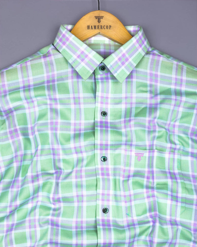 Pistachio Green With Purple Twill Check Premium Cotton Shirt