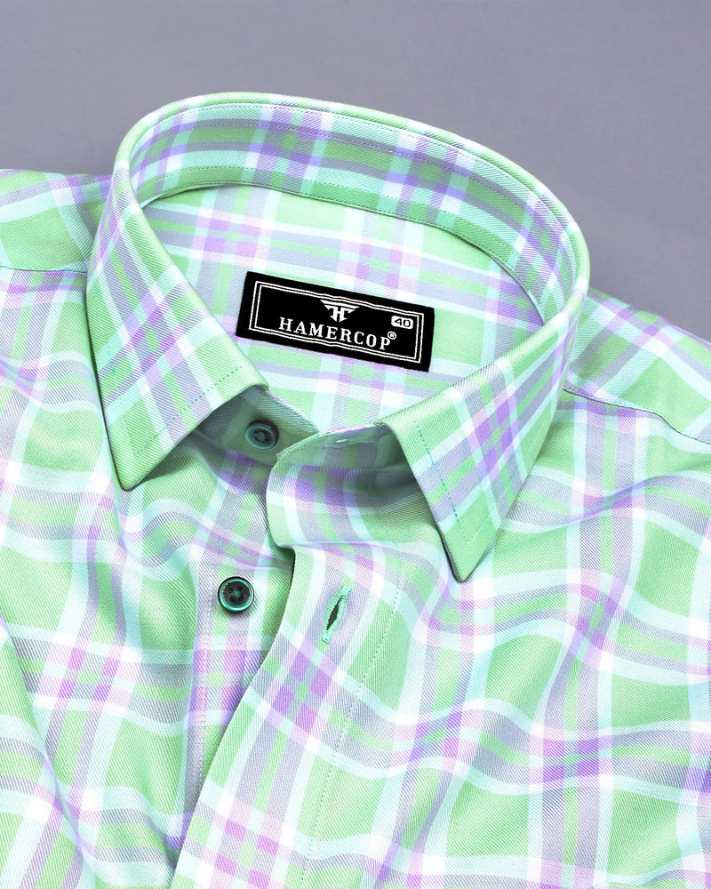 Pistachio Green With Purple Twill Check Premium Cotton Shirt