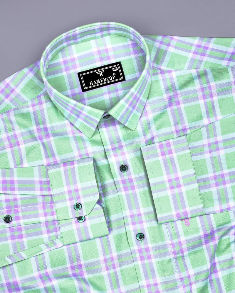 Pistachio Green With Purple Twill Check Premium Cotton Shirt