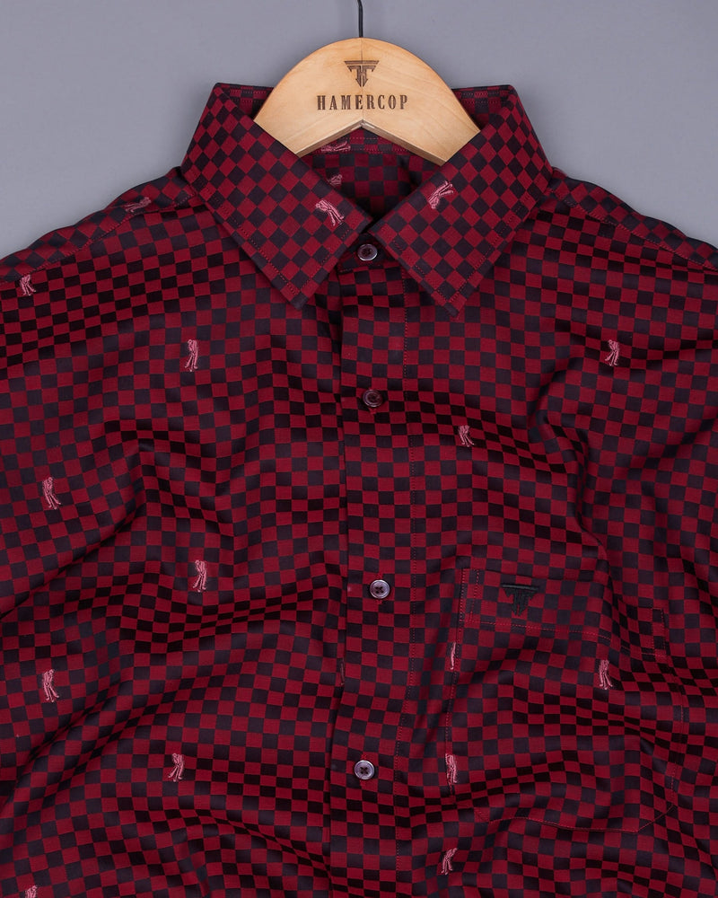 Brick Red With Black Jacquard Check Cotton Shirt