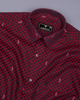 Brick Red With Black Jacquard Check Cotton Shirt