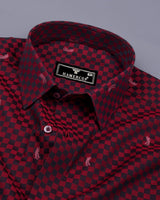 Brick Red With Black Jacquard Check Cotton Shirt