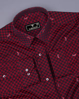 Brick Red With Black Jacquard Check Cotton Shirt