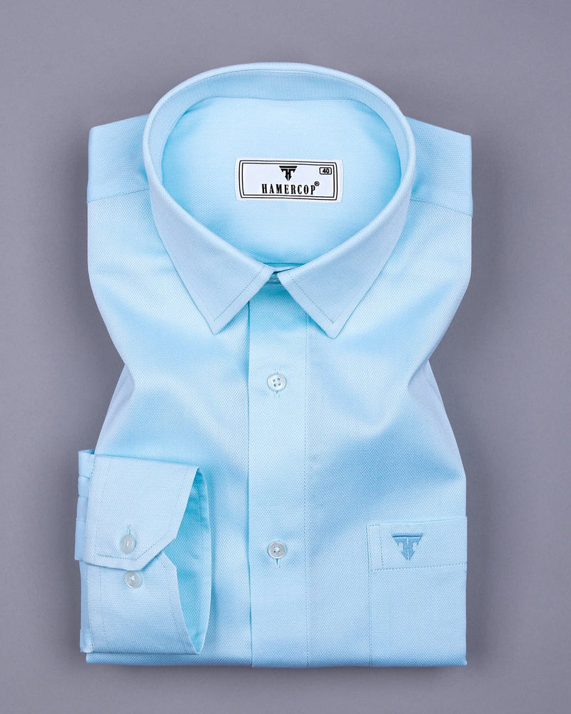 Cyanish Blue With White Dobby Texture Cotton Shirt