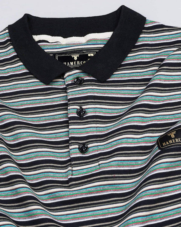 Black With Green Multicolor Striped Supersoft Smart Polo T-Shirt