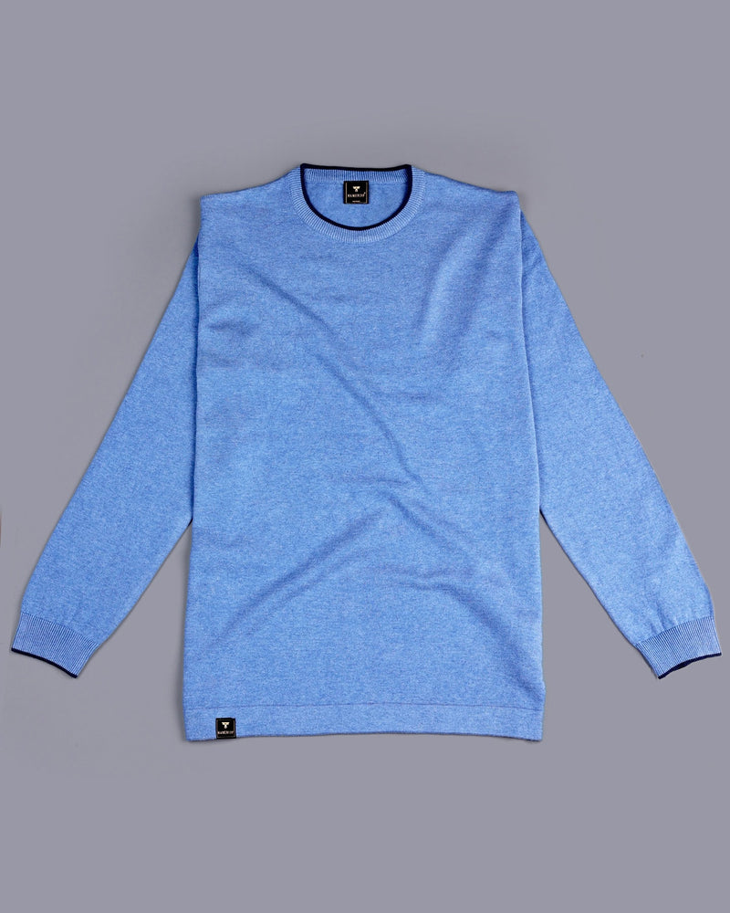 Vibrant SkyBlue Melange Knitted Cotton Full Sleeves T-Shirt