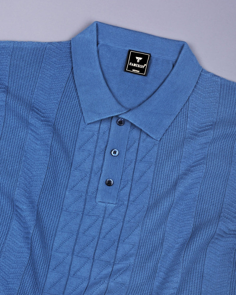 Wonder Steel Blue Knitted Cotton Polo T-Shirt