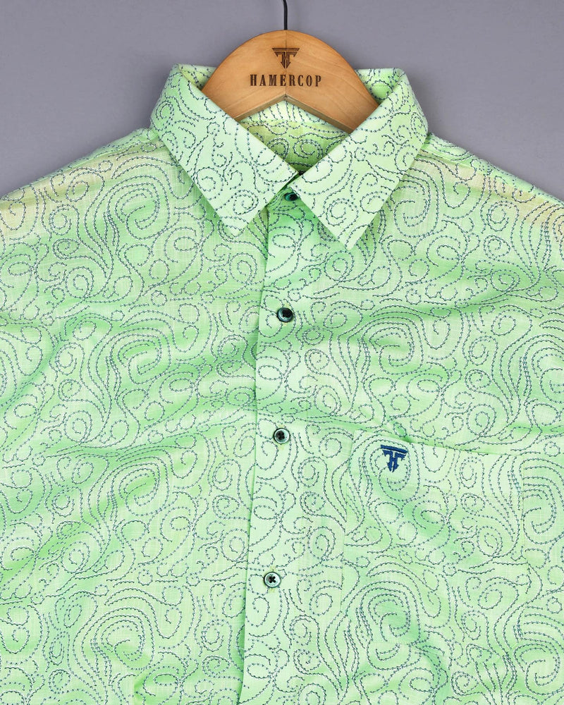 Green Swirl With Blue Printed Amsler Linen Cotton Shirt