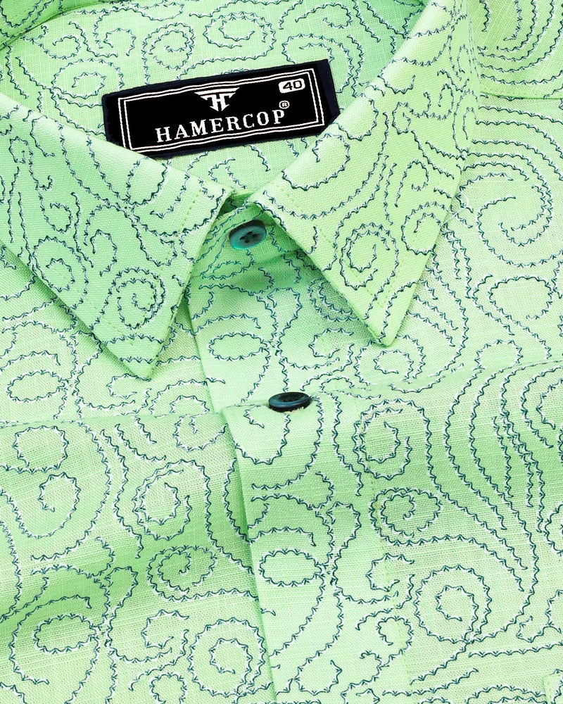 Green Swirl With Blue Printed Amsler Linen Cotton Shirt