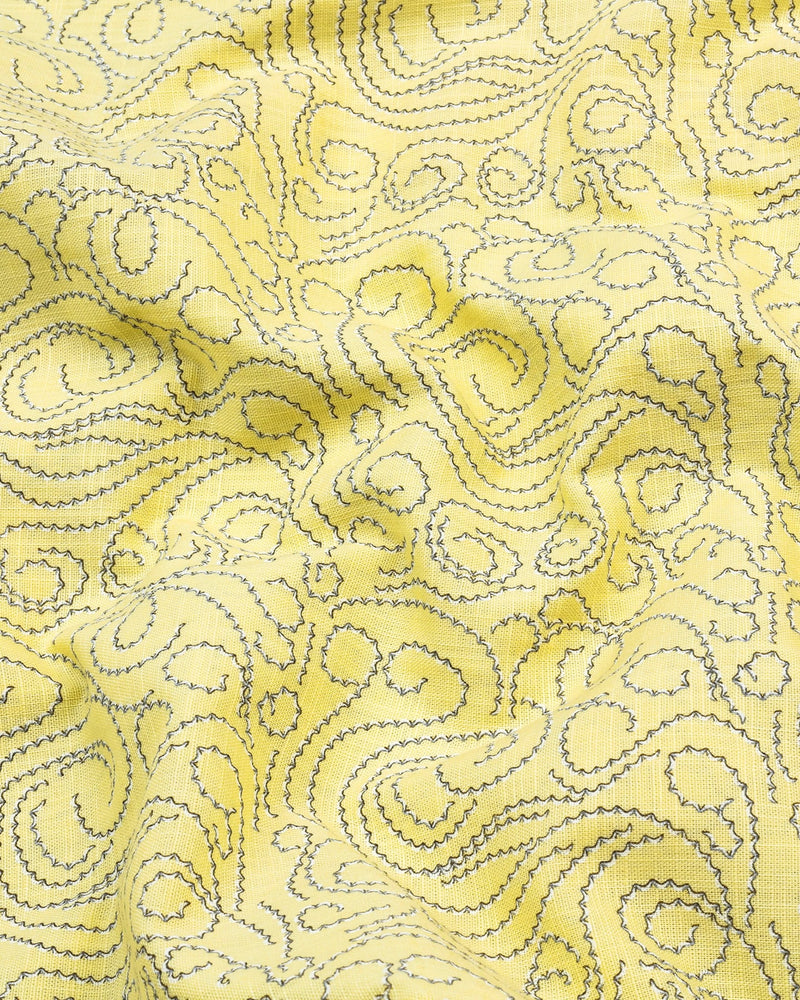 Yellow Swirl With Blue Printed Amsler Linen Cotton Shirt