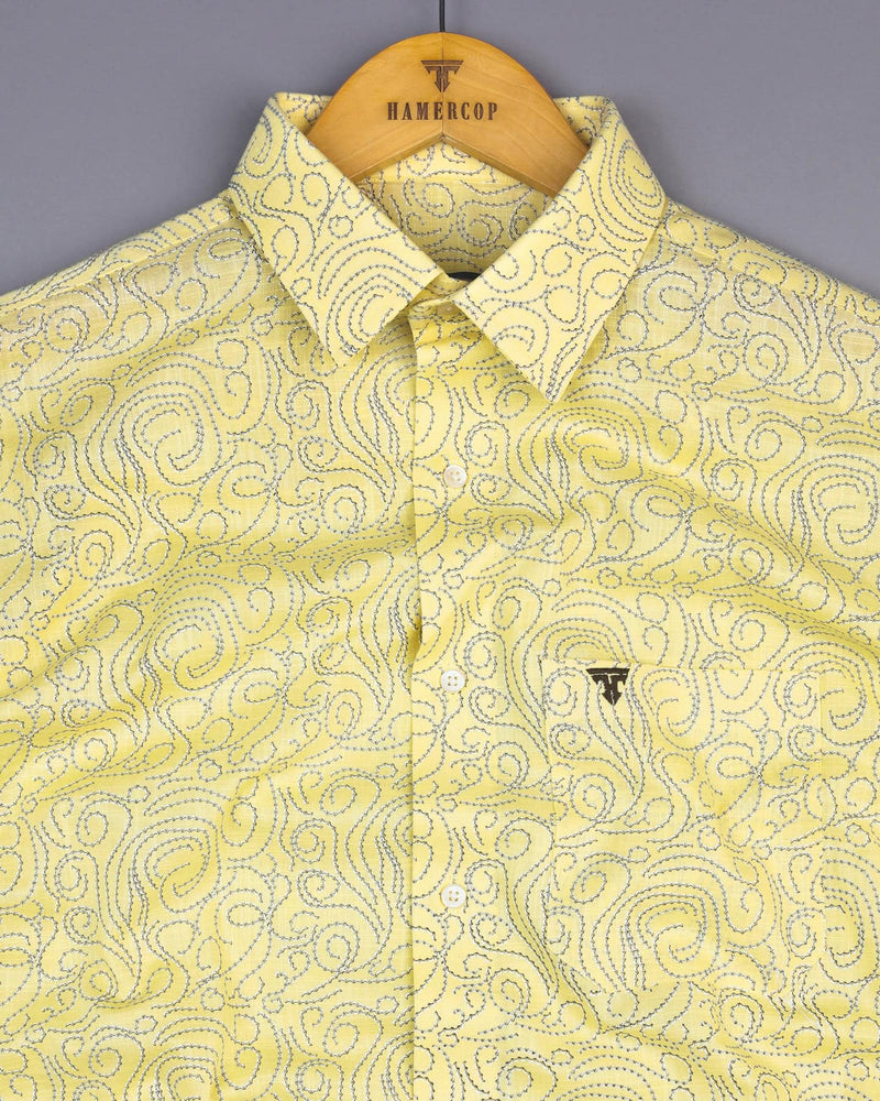 Yellow Swirl With Blue Printed Amsler Linen Cotton Shirt