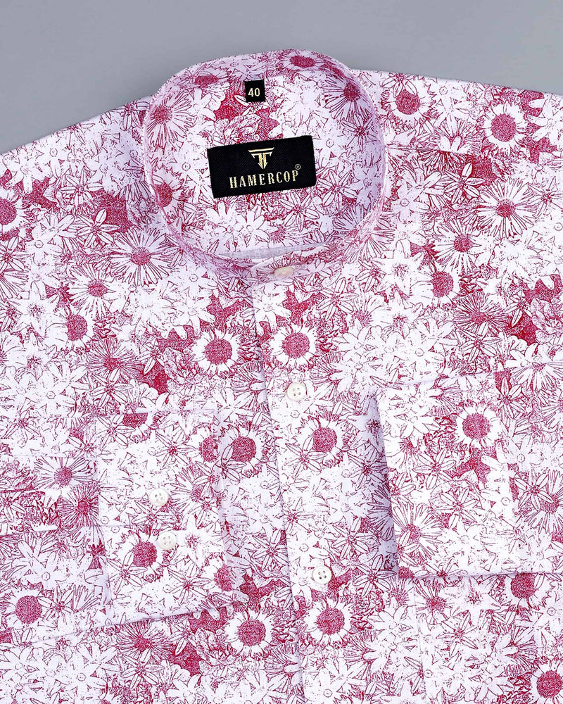 Ditzy Pink Flower Printed White Amsler Linen Cotton Shirt