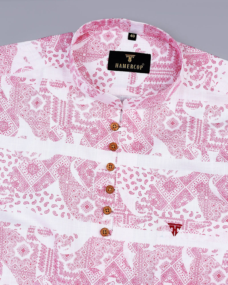 Pink Paisley Printed With White Linen Shirt Style Kurta