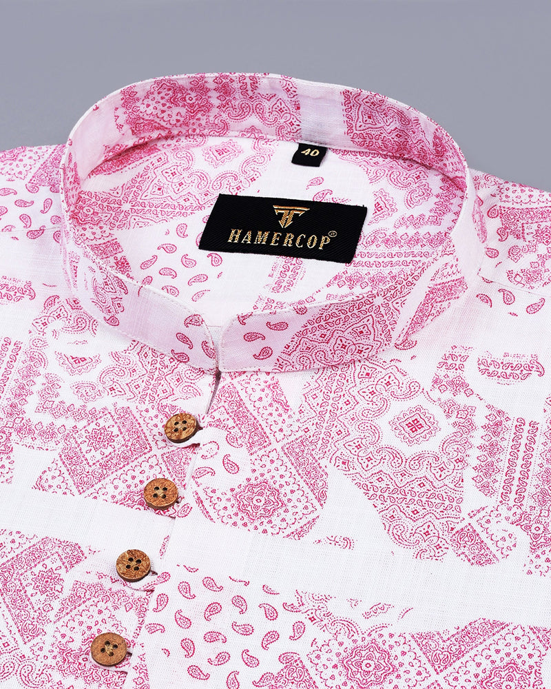 Pink Paisley Printed With White Linen Shirt Style Kurta