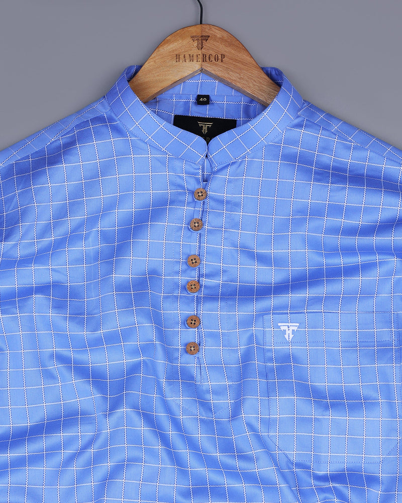 Coconut Blue Checked Premium Cotton Shirt Style Kurta