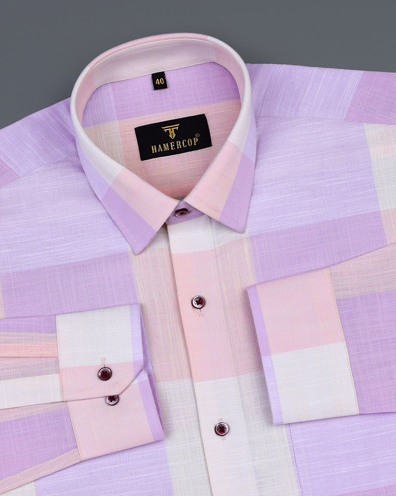 Glimmer Purple And Orange Multicolored Check Linen Cotton Shirt