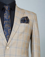 Brownish Grey Windowpane Check Single Breasted Blazer