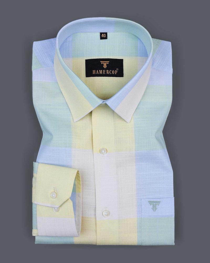 Glimmer Blue And Green Multicolored Check Linen Cotton Shirt