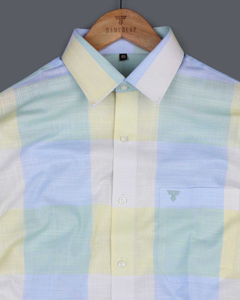 Glimmer Blue And Green Multicolored Check Linen Cotton Shirt