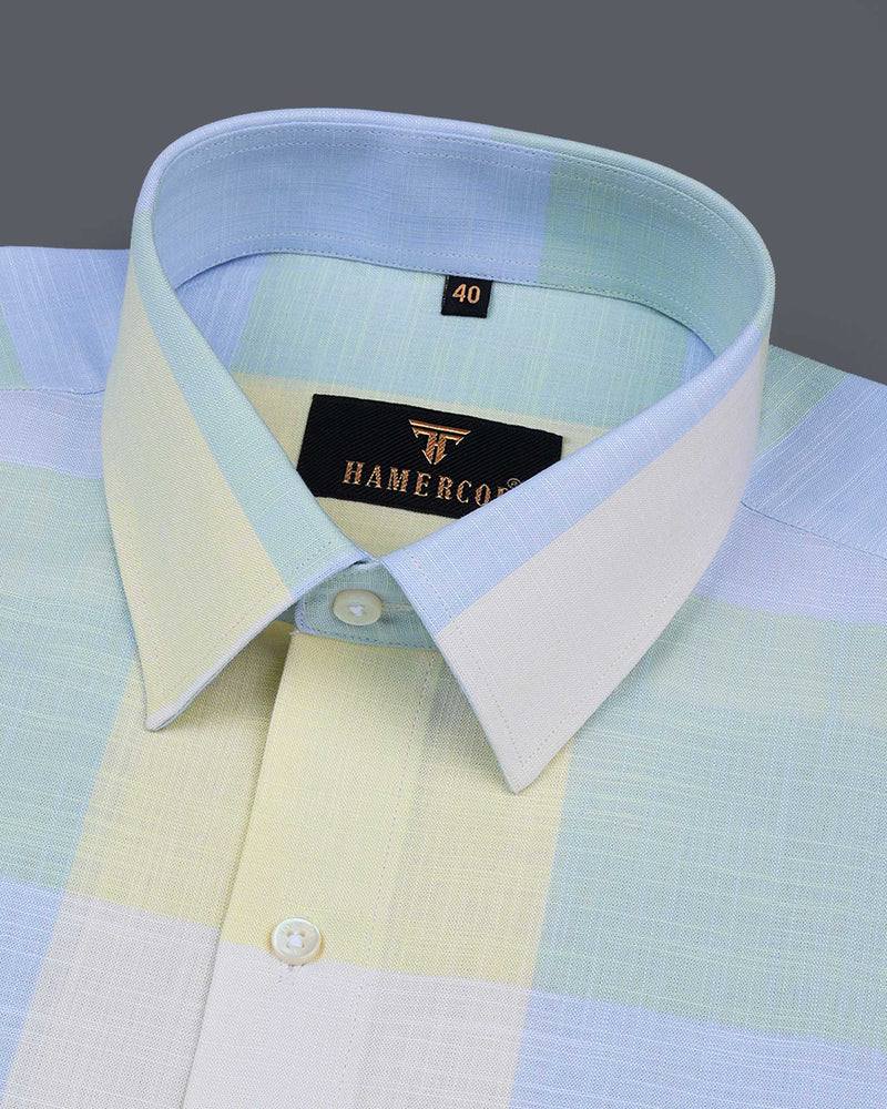 Glimmer Blue And Green Multicolored Check Linen Cotton Shirt