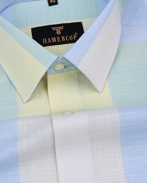 Glimmer Blue And Green Multicolored Check Linen Cotton Shirt