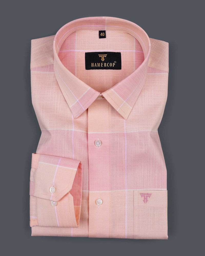 Spanish Pink And Light Orange Linen Cotton Check Shirt