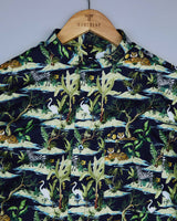 Wildlife Themes Printed  Navy And Forest Green Egyptian Gizza Shirt