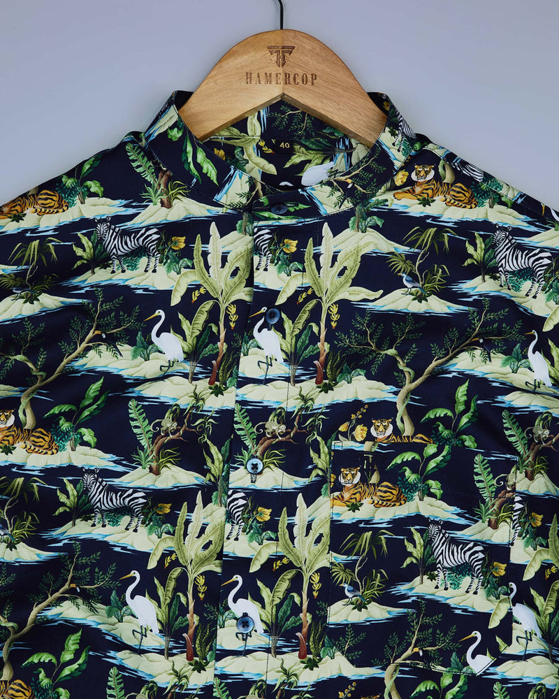 Wildlife Themes Printed  Navy And Forest Green Egyptian Gizza Shirt