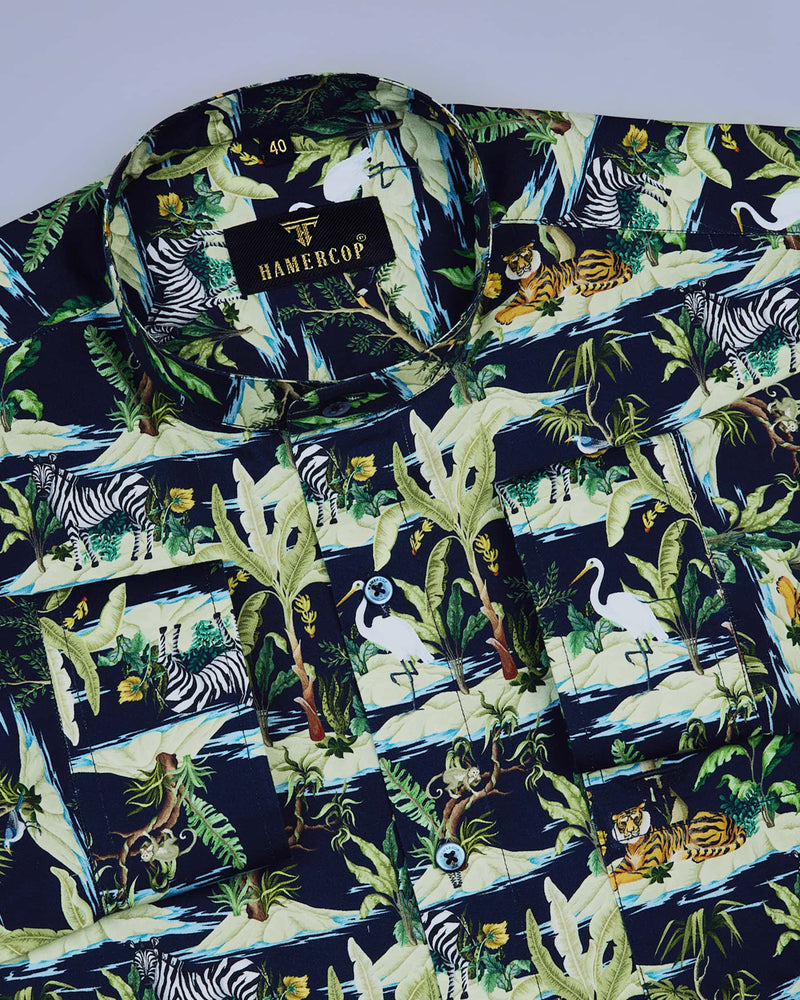 Wildlife Themes Printed  Navy And Forest Green Egyptian Gizza Shirt