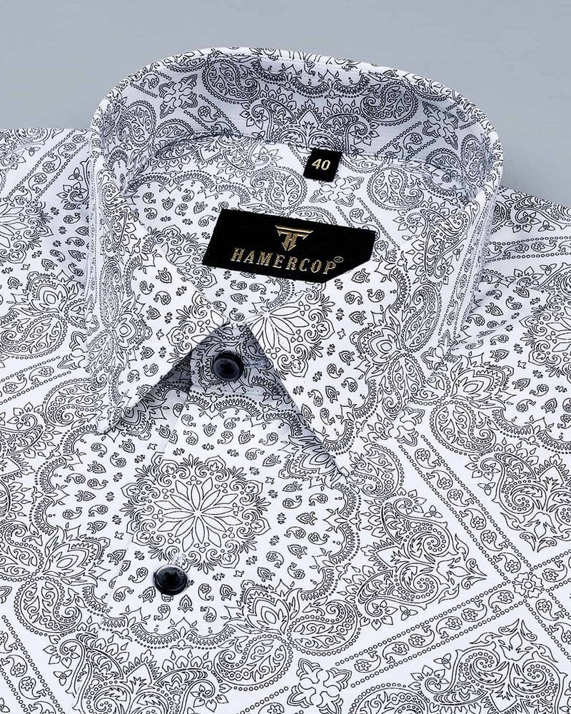 Black Paisley Printed With White Poplin Cotton Shirt