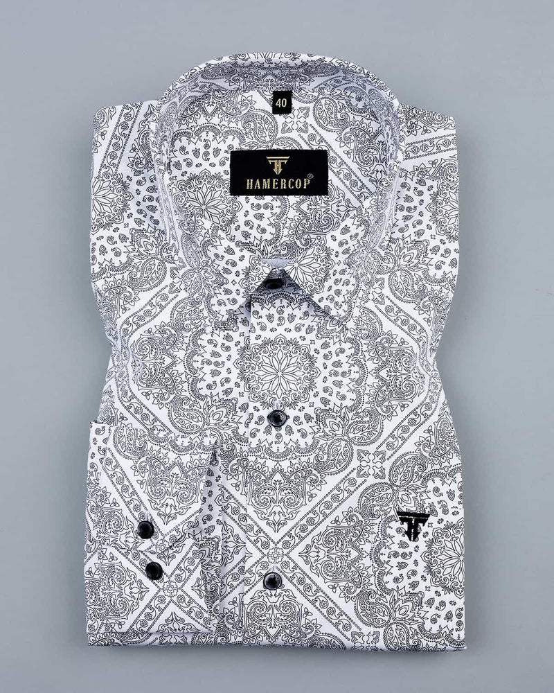 Black Paisley Printed With White Poplin Cotton Shirt