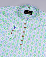 Green And Blue Geometric Pattern Linen Cotton Shirt Style Kurta